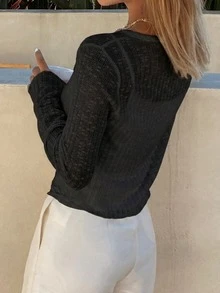 DAZY 女款純色單排扣休閒百搭日常外出開襟衫度假款 - 黑色 - 查看 2