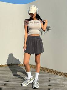 DAZY Damen-Shorts mit Kordelzug-Bund, plissiert, lässig, vielseitig, für Alltag, Ausflüge, Wandern, Grau, Sommer, Schule - Grau - Übersicht 2