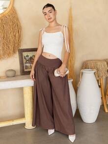Andrea Bello Vintage Low-Waist Wide-Leg Pants, Draping Slimming Effect, Casual Coffee-Colored Pure Cotton Trousers, Suitable For Vacation, Casual Wear, Summer - Coffee Brown - View 4