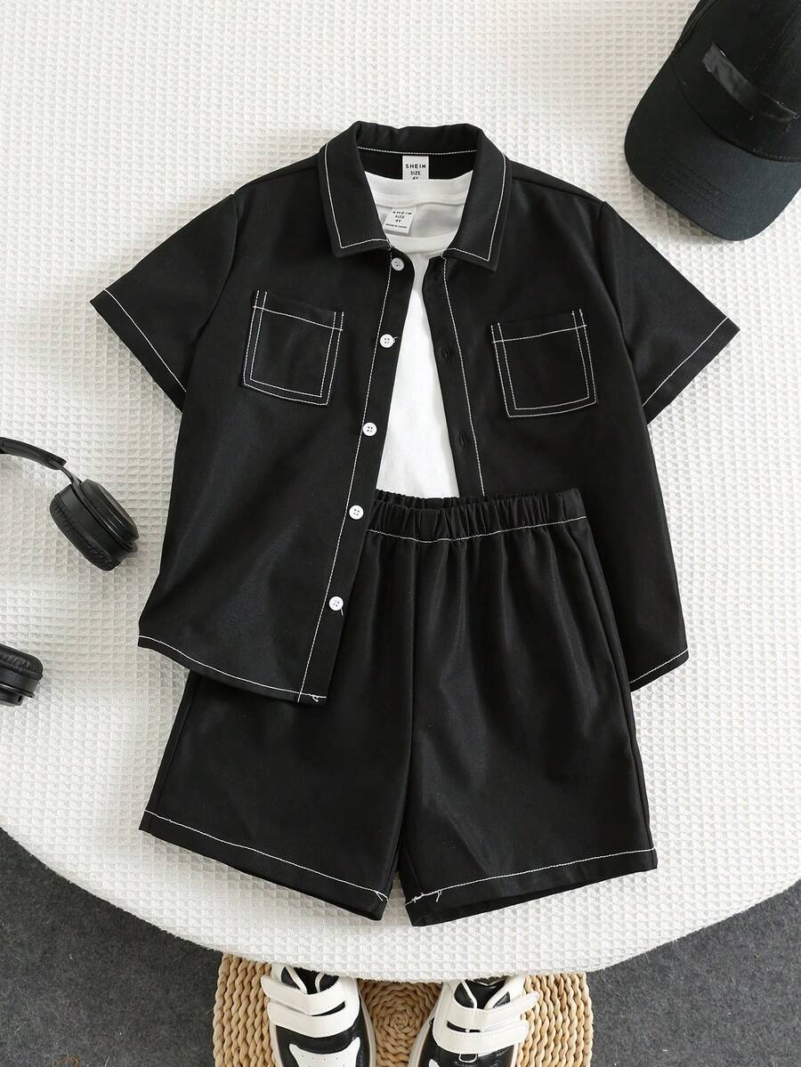 SHEIN 2件套男婴/小男孩休闲校园风宽松露肩上衣衬衫和松紧腰短裤套装，适合春夏穿着