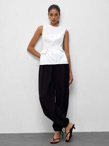 Maija White Round Neck Sleeveless Summer Fall Women's Top With Ruffle Hem Urban Business Casual Minimalist Elegant Basic Festival Golf Work Office Brunch - White - View 3