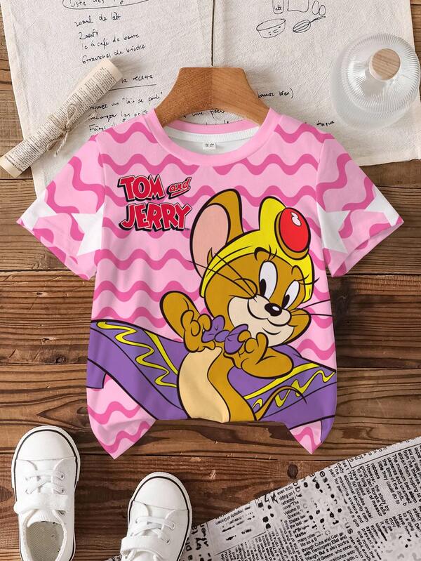 TOM & JERRY X SHEIN Young Girl Round Neck Letter Cartoon Print Casual Versatile Daily Outing Short Sleeve T-Shirt