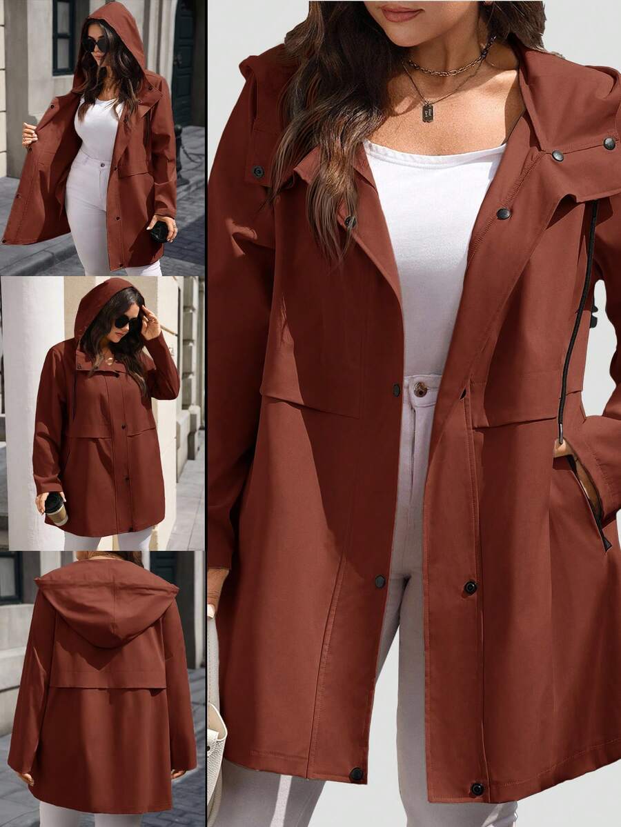 Rosumi Plus Size Spring/Autumn Casual Solid Color Hooded Trench Coat Jacket - Rust Brown - View 1
