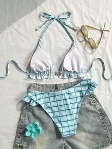 Swim Vcay 2026 Spring/Summer Blue Green Plaid Print Fabric Gold Starfish Shell Conch Shell Decor High Cut Hem Design Suitable For Beach Seaside Pool Scenes Women's Sexy Bikini - Blue - View 4