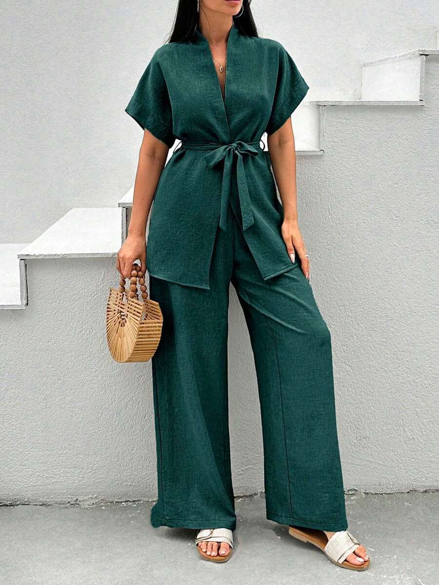EURMUSE Women Summer Solid Color Batwing Sleeve Tie Front Shirt And Pants Casual 2-Piece Set - Dark Green - View 1