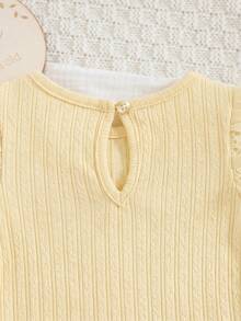 SHEIN رومبير كاجوال محبوك بلون موحد بياقة دائرية وحواف مكشكشة للبنات الصغيرات - أصفر - مشاهدة 4