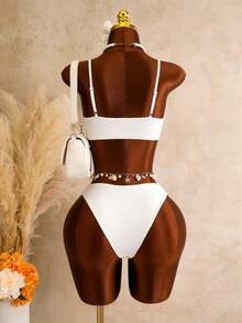 Swim Vcay Women's Teacher Summer Textured Solid Fabric Front Strap With Small Metal Buckle Swimsuit Set Beach White Sexy - Apricot - View 2