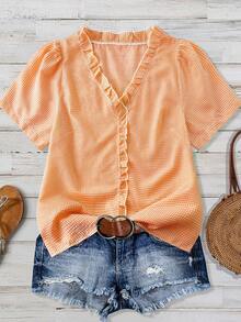 Linhara Women's Plus Size Solid Color Textured Fabric V-Neck Short Sleeve Casual Regular Shirt Going Out Tops Vacation Club - Orange - View 6