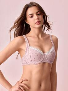 Bonmuse Women's Sweet Floral Ribbed Comfortable Bra, French Lace Trim Soft Cup Supportive Lingerie - Pink - View 9
