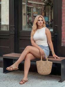 Easura Plus Size Jacquard Knit Pullover Sweater Vest Cute Outfits Women Yk2k Tops Yoga Top White Summer Formal Vacation Casual Bussines Semi Formal - Beige - View 4