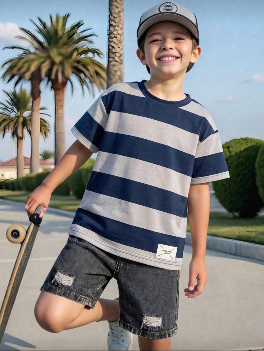 2pcs/Set Boys Casual Striped Letter Print Short Sleeve T-Shirt And Distressed Washed Denim Shorts Set, Suitable For Spring/Summer, Outings, Sports, School, Daily Versatile Wear - Multicolor - View 1