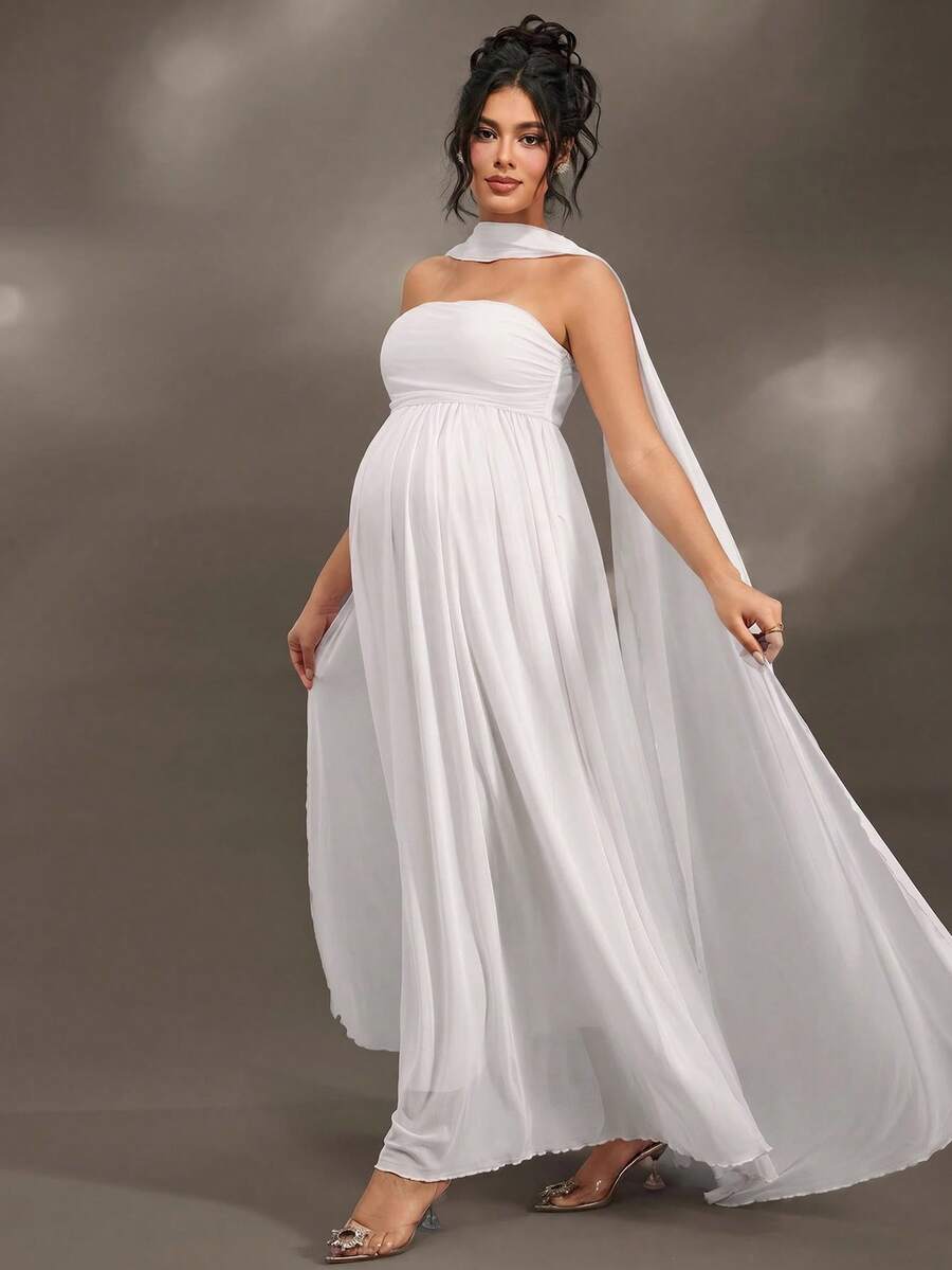 Cheriluna Maternity 聖誕派對洋裝/優雅派對洋裝/嬰兒洗禮派對洋裝 抓皺細節 素色 露肩 優雅 無袖 孕婦攝影套裝 - 白色 - 查看 1