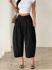 SHEIN PETITE Women's Solid Color Minimalist Casual Pants - Black - View 3