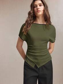 BizChic Short Sleeve Ruched Business Formal Vacation Slouchy Commute Date Daily Office Slimming Elegant Sexy Versatile Summer Autumn Halloween Back To School Party Birthday Wedding Guest Church Special Occasion Outing Beach Gathering Social Holiday Shopping Afternoon Tea Travel Minimalist Top - Army Green - View 5