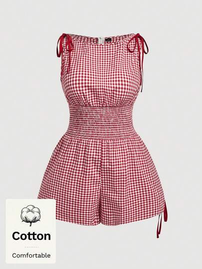 SHEIN MOD Plus Size Women's Gingham Jumpsuit,1950s Vintage Red And White Sleeveless Rompers For Women Summer,Bow Tie Waist Decor,Summer Holiday Picnic Outfits