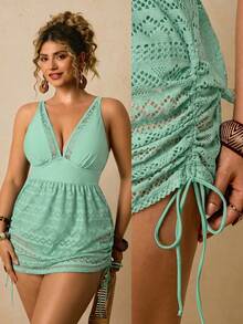 Travachic Baju Renang Wanita Ukuran Besar Model Plus, Tali Bahu Tipis, Leher V, Baju Renang Terusan dengan Tali Serut, Bahan Bertekstur, Baju Mandi untuk Wanita - Hijau - View 7