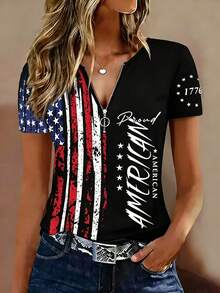 EMERY ROSE Women's Standard Size Fashion Print T-Shirt, American Flag Print Contrast V-Neck Short Top With Zipper Design - Multicolor - View 3