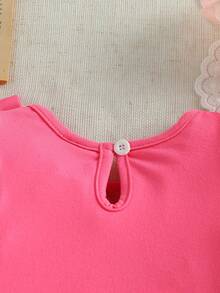 SHEIN 女嬰春夏季優雅休閒外出蝴蝶結荷葉袖上衣 & 收腰短褲兩件套，度假與玩耍 - 玫紅色 - 查看 5