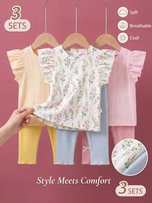 SHEIN 粉色夏季可愛家庭套裝 0-3歲女嬰休閒 3色 6件/3套裝 無袖上衣&長褲 舒適服裝 戶外活動 - 彩色 - 查看 1