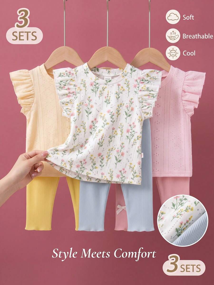 SHEIN 粉色夏季可愛家庭套裝 0-3歲女嬰休閒 3色 6件/3套裝 無袖上衣&長褲 舒適服裝 戶外活動 - 彩色 - 查看 1