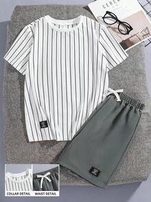 SHEIN 2 件套青少年男童休闲条纹图案圆领 T 恤和短裤套装，适合上学、通勤、日常休闲装、运动、春夏 - 綠色 - 查看 3