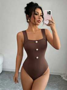 GlowEve Women's Solid Color Button Casual Versatile Daily Outing Bodysuit - Brown - View 8