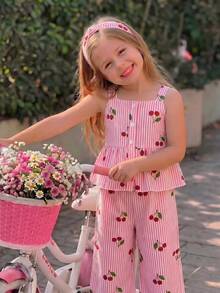 SHEIN Genkimix Kids 春/夏 2件組女童幼兒服裝套裝，粉色白色條紋櫻桃印花細肩帶上衣 + 寬腿長褲，方領夏季設計 - 粉色 - 查看 5