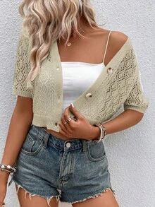 EMERY ROSE Women's Solid Color Short Sleeve Single Breasted Hollow Out Cardigan - Apricot - View 6