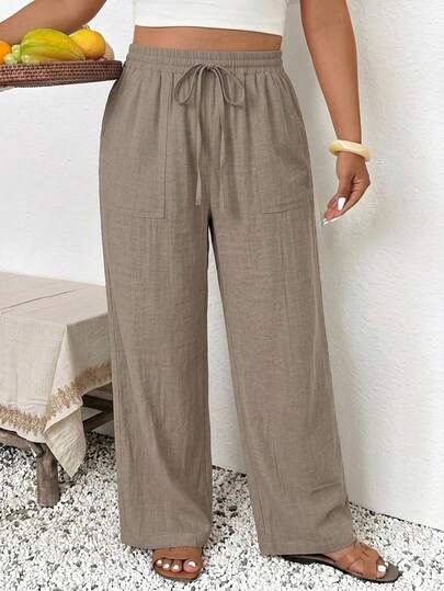 SHEIN Frenchy Plus Size Women's Casual Business Bohemian Style Loose Pants, Fashionable Vacation Light Khaki Beach Pants, Suitable For Beach Vacation, Summer Women's Clothing, Business Women's Pants, Holiday Casual Pants