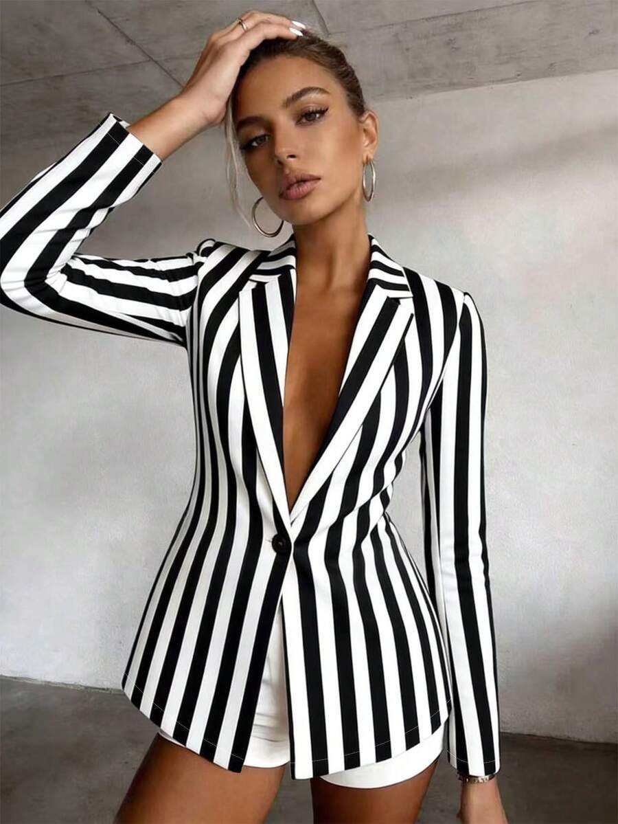 Eryvara Striped Lapel Raglan Sleeve Fashionable Blazer - Black and White - View 1