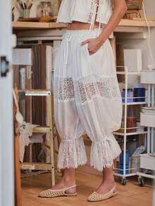 WESTFADE Drawstring Waist Lace Inset Ruffle Balloon Leg White Pant, Casual, Country Style For Women, Summer Vacation Outfit - White - View 5