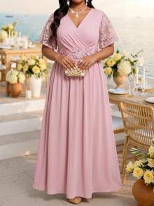 Fleurora Elegantes Kleid für Damen in Große Größen mit Kontrastspitze, Wickelausschnitt, kurzen Ärmeln und geraffter Taille, für den Sommer - Altrosa - Übersicht 3