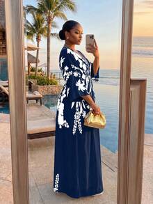 SHEIN Lady CURVE Navy Blue Plus Size Women's Vacation Floral Print Split Hem Dress Vacation Autumn Cocktail Vacation Vacation Fall - Navy Blue - View 2
