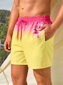 Manfinity VDAYZ Men's Drawstring Waist Floral Print Gradient Color Casual Vacation Beach Shorts - Yellow - View 2