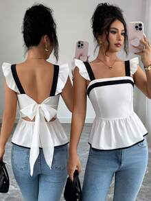 Elenzga Top Feminina Primavera/Verão Nova Casual Elegante com Manga Borboleta e Laço de Amarrar para Férias - Branco - Visão 1