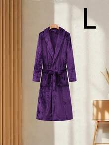 1pc Fashionable Thick Flannel Bathrobe With Pockets, Tie Waist Belt, Fold-Down Collar, Soft & Comfortable, Suitable For Plus Size Women Sleepwear & Loungewear - Dark Purple - View 2