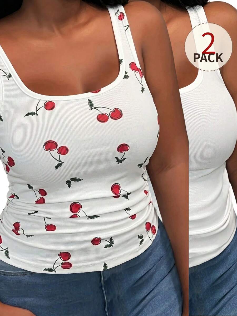 Slaydiva 2pcs/Set Spring/Summer New Casual Cute Basic Tank Top For Women Plus Size, Deep U-Neck Sleeveless Ribbed Knit Stretchy Fabric With Side Ruched Detail