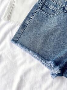 SHEIN 2pcs Blue & Black Denim Fitted Shorts For Teen Girls - Multicolor - View 6