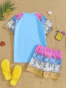 Tween Boy Digital Print Raglan Short Sleeve Top And Shorts Casual Swimsuit Set - Green - View 9
