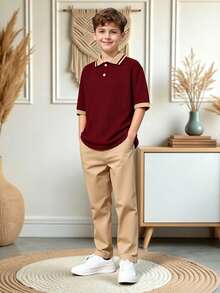 SHEIN 2件組青少年男孩紳士短袖POLO衫+長褲套裝，優雅正式服裝，適用於生日派對、晚會、表演、婚禮、滿月、洗禮、1歲生日、生日、婚禮、畢業典禮、婚禮賓客、花童、戒童 - 酒紅色 - 查看 3