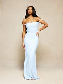 MISSGUIDED X Carli Bybel Off Shoulder Twist Strap Maxi Dress Elegant Bodycon Formal Evening Gown Party Long Dress Strapless White - Baby Blue - View 5