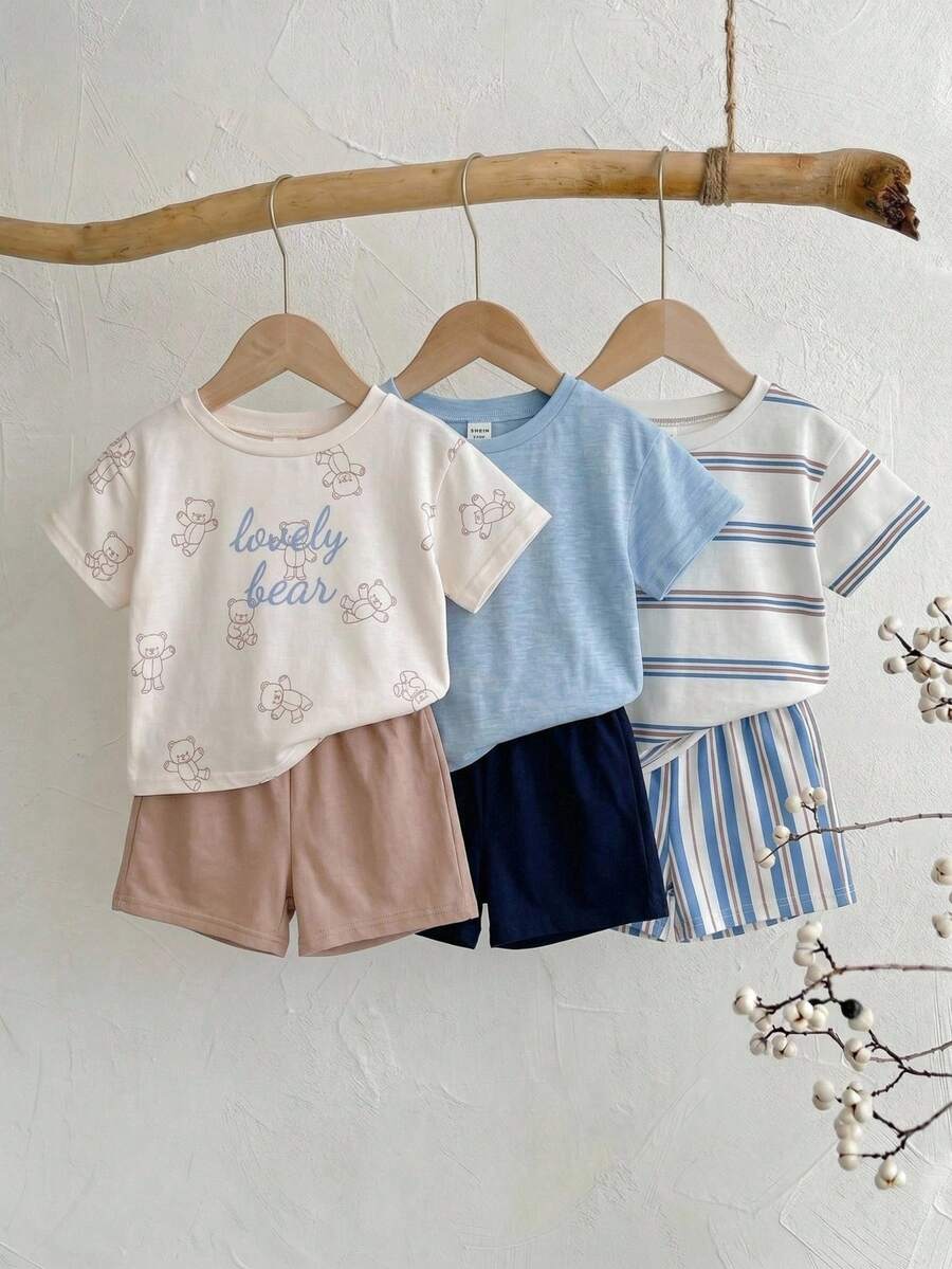 SHEIN 3件套男女童休闲可爱短袖T恤短裤套装,适合室内、居家穿着、户外活动,春夏皆宜 - 霧霾藍 - 查看 1