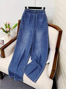 SHEIN Teen Girls Washed Casual Soft Thin Elastic Waist Denim Jeans, Spring/Summer - Dark Wash - View 1
