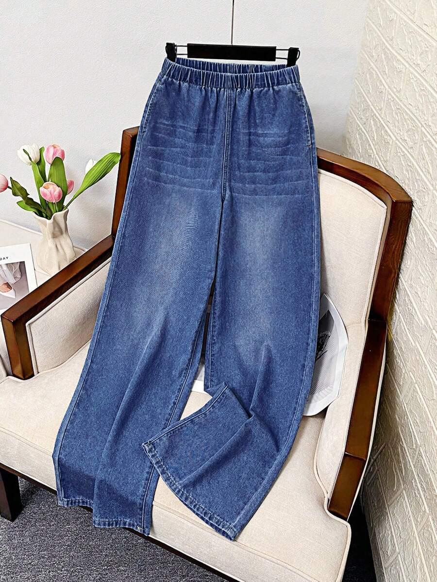 SHEIN Teen Girls Washed Casual Soft Thin Elastic Waist Denim Jeans, Spring/Summer - Dark Wash - View 1