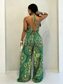 BamGleam Summer Sexy All-Over Print Halter Neck Backless Top And Long Pants 2pcs Set - Green - View 2