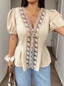 Vionelle Plus Size V-Neck French Retro Elegant Lace Ruched Waist Petal Sleeve Blouse Brunch Wedding Guest Beige Summer - Apricot - View 4