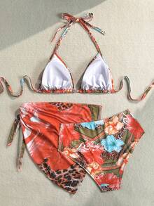 SHEIN CURVE+ 大码女式夏季休闲装，大码女式夏季套装，大码女式沐浴装，大码女式嘉年华装，度假沙滩装，大码女式泳池派对装，Island Degree 三件套女式度假印花吊带连衣裙，沙滩装 - 彩色 - 查看 2