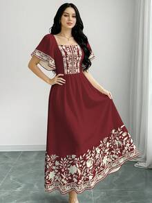 2026 Nuevo casuales para mujer Vestido de manga corta con cuello cuadrado y estampado floral, falda de longitud media con cintura ceñida, vestido rojo vino con estampado floral - Multicolor 2 - Ver 3