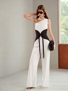 MOTF PREMIUM SPRING/SUMMER ONE-SHOULDER COLORBLOCK PROFESSIONAL COMMUTER FASHION WOMEN'S JUMPSUIT - Black and White - View 6