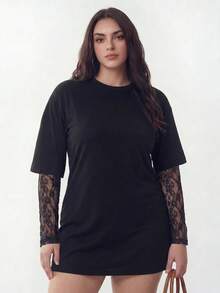 Solavibe Vestido de fiesta casual con patchwork de encaje para mujer de talla grande - Negro - View 6